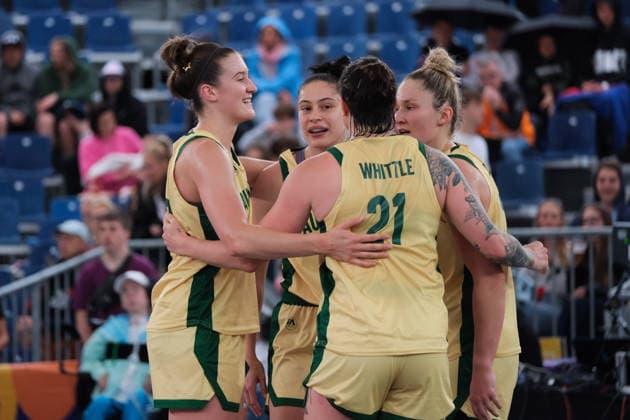 June 5, 2026, Warsaw, Masovian Voivodeship, Poland: Australia s AMY ATWELL (25), EMMA CLARKE (77), HANNAH HANK (12), and MARENA WHITTLE (21) celebrate victory at the end of a FIBA 3x3 Basketball World Cup women s last 16 game between Australia and China in Warsaw, Poland. Basketball 2026: FIBA 3x3 World Cup Women s Last 16: Australia 21:11 China  - ZUMAk204 20260605_zip_k204_040 Copyright: xRomanxKozielx