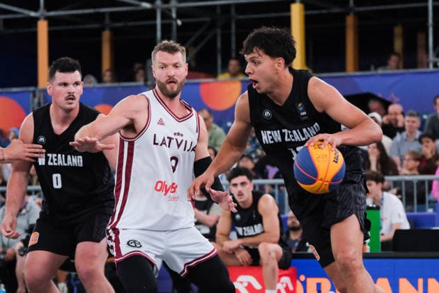 June 5, 2026, Warsaw, Masovian Voivodeship, Poland: Latvia s ZIGMARS RAIMO (9) and New Zealand s AIDAN TONGE (0), TE TUHI LEWIS (13) in action during a FIBA 3x3 Basketball World Cup men s last 16 game between Latvia and New Zealand in Warsaw, Poland. Basketball 2026: FIBA 3x3 World Cup Men s Last 16: Latvia 21:19 New Zealand  - ZUMAk204 20260605_zip_k204_061 Copyright: xRomanxKozielx