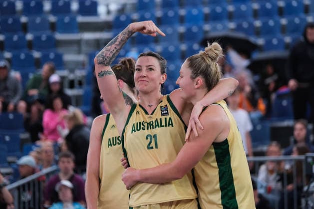 June 5, 2026, Warsaw, Masovian Voivodeship, Poland: Australia s MARENA WHITTLE (21) points at AMY ATWELL (25) while celebrating victory at the end of a FIBA 3x3 Basketball World Cup women s last 16 game between Australia and China in Warsaw, Poland. Warsaw Poland - ZUMAk204 20260605_zip_k204_041 Copyright: xRomanxKozielx