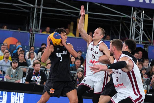June 5, 2026, Warsaw, Masovian Voivodeship, Poland: Latvia s FRANCIS LACIS (6) ZIGMARS RAIMO (9) and New Zealand s TE TUHI LEWIS (13) in action during a FIBA 3x3 Basketball World Cup men s last 16 game between Latvia and New Zealand in Warsaw, Poland. Basketball 2026: FIBA 3x3 World Cup Men s Last 16: Latvia 21:19 New Zealand  - ZUMAk204 20260605_zip_k204_065 Copyright: xRomanxKozielx