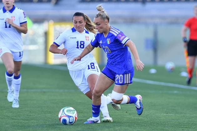 Calcio - FIFA World Cup, WM, Weltmeisterschaft, Fussball Women Photo by IPA ABACAPRESS.COM85364949 - Emma Petrovic (Serbia) Giada Greggi (Italy) during Women s European Qualifiers 2027 - Italy vs Serbia, FIFA World Cup match in Pisa, Italy, June 05 2026 Pisa Italy  Copyright: xIPAxSport ABACAx