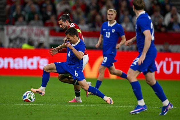 FOOTBALL - Friendly - Hungary vs Finland Photo by IPA ABACAPRESS.COM85366057 - Leo Walta (Finland) in action against Dominik Szoboszlai (Hungary) during the UEFA friendly match between Hungary vs Finland, 5th June 2026 at the Puskas Arena, Budapest, Hungary Budapest Hungary  Copyright: xIPAxSport ABACAx