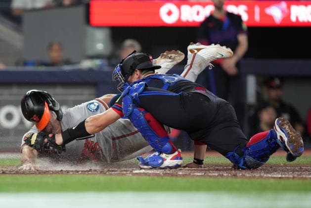 June 5, 2026, Toronto, On, CANADA: Baltimore Orioles Pete Alonso (25) is tagged out by Toronto Blue Jays catcher Brandon Valenzuela (59) during eighth inning American League, MLB, Baseball Herren, USA baseball action in Toronto on Friday, June 5, 2026. Canada News - June 5, 2026 - ZUMAc35_ 20260605_zaf_c35_116 Copyright: xNathanxDenettex