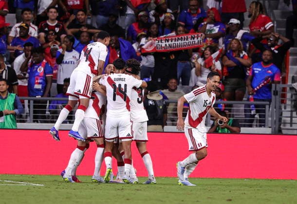 International soccer friendly - Haiti vs Peru Peru s players celebrate a goal during the International soccer friendly between Haiti and Peru in Miami, Florida, USA, 05 June 2026. MIAMI FLORIDA United States  Copyright: xCRISTOBALxHERRERA-ULASHKEVICHx