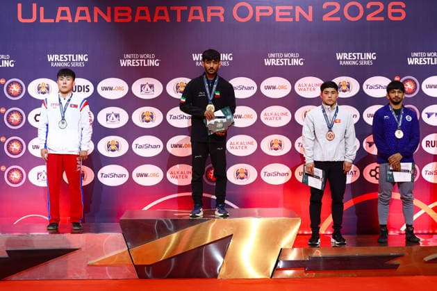 World Ranking Series Ulaanbaatar Open Podium 60kg GR - Gold: Ali Abdollah Ahmadi Vafa (IRI), Silver: Yu Chol Ro (PRK), Bronze: Akyl Sulaimanov (KGZ), Sahil Sahil (IND)