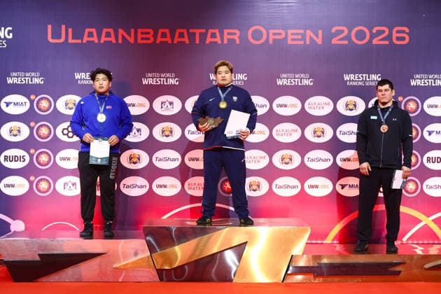 World Ranking Series Ulaanbaatar Open Podium 130kg GR - Gold: Kim Minseok (KOR), Silver: Nambardagva Batbayar (MGL), Bronze: Olzhas Syrlybay (KAZ)