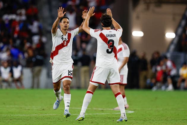 MIAMI, FL - JUNE 5: Peru defender Renzo GarcÃ s (15) and Peru defender Fabio Gruber (3) celebrate a goal scored during the International Friendly, Länderspiel, Nationalmannschaft game between Haiti and Peru at NU Stadium on June 5, 2026 in Miami,Florida.(Photo by Chris Arjoon Icon Sportswire) SOCCER: JUN 05 Haiti vs Peru EDITORIAL USE ONLY Icon2605060010020