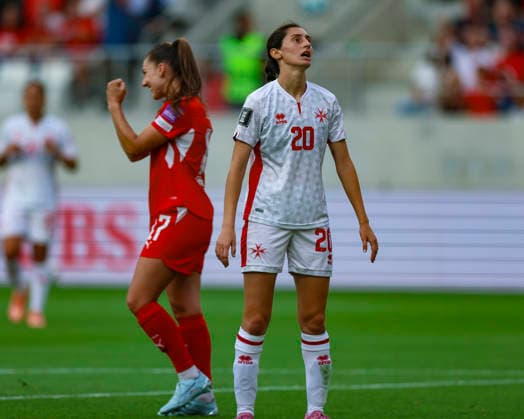 05.06.2026, Fussball, Frauen WM-Qualifikation: Schweiz Malta, Lugano, AIL Arena Grosse Enttäuschung über das soeben erhaltene Gegentor bei Nicole Sciberras (20, A-Team Malta, rechts) Foto: Urs Ottiger IMAGO Lugano AIL Arena Tessin Switzerland