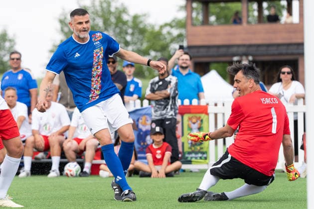 Italian FIFA Legends Tour in Toronto Vincenzo Iaquinta reacts after shooting the ball during the Italians football legends exhibition match as part of the Italian FIFA Legends Tour in Toronto. on June 5, 2026 in Toronto, Canada. (Photo by Leonardo Ramirez Eyepix Group) Copyright: xLeonardoxRamirezx xEyepixxGroupx LR06042026-09420