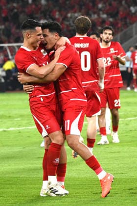 (260606) -- JAKARTA, June 6, 2026 -- Players of Indonesia celebrate for scoring during the FIFA Men s Match Day between Indonesia and Oman at Gelora Bung Karno Stadium, Jakarta, Indonesia, June 5, 2026. ) (SP)INDONESIA-JAKARTA-FOOTBALL-FIFA MEN S MATCH DAY-INDONESIA VS OMAN AgungxKuncahyaxB. 