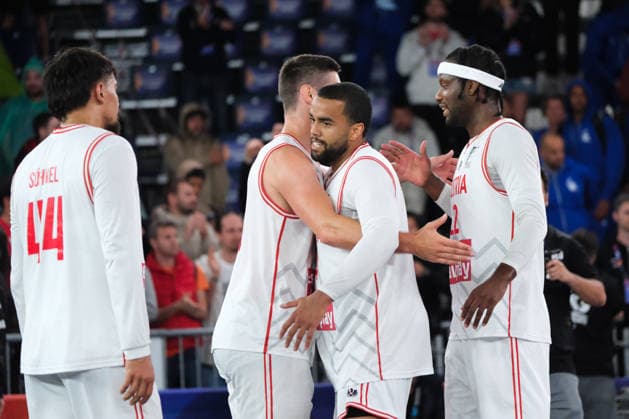 June 5, 2026, Warsaw, Masovian Voivodeship, Poland: Austria s FABIO SOHNEL (44), NICO KALTENBRUNNER (14), QUINCY DIGGS (22), and TONI BLAZAN (10) celebrate victory at the end of a FIBA 3x3 Basketball World Cup men s last 16 game between Austria and Belgium in Warsaw, Poland. Basketball 2026: FIBA 3x3 World Cup Men s Last 16: Austria 21:13 Belgium  - ZUMAk204 20260605_zip_k204_119 Copyright: xRomanxKozielx
