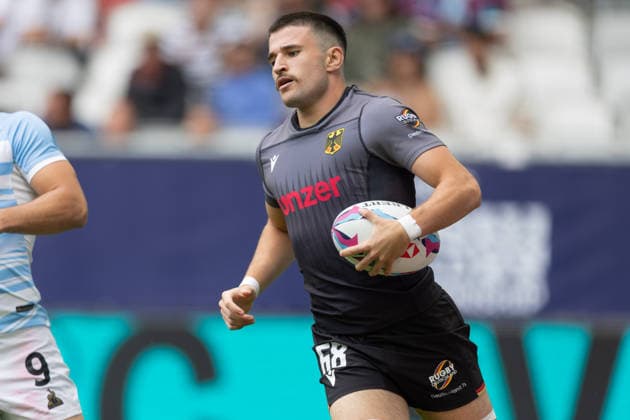 Deutschland - Argentinien, SVNS Rugby World Championship, WM, Weltmeisterschaft Bennet Veil legt den ersten Versuch für Deutschland. Erstes Gruppenspiel zwischen Deutschland und Argentinien. Drittes Turnier der SVNS World Championship, Siebener-Rugby WM vom 5. bis 7. Juni 2026 in Bordeaux (Frankreich). Tag 1, Gruppenspiele am 5. Juni 2026., Bordeaux Region Nouvelle-Aquitaine Frankreich Stade Atlantique