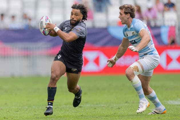 Deutschland - Argentinien, SVNS Rugby World Championship, WM, Weltmeisterschaft Ben Ellermann (Deutschland) entkommt seinem Gegener Santino Zangara (Argentinien). Erstes Gruppenspiel zwischen Deutschland und Argentinien. Drittes Turnier der SVNS World Championship, Siebener-Rugby WM vom 5. bis 7. Juni 2026 in Bordeaux (Frankreich). Tag 1, Gruppenspiele am 5. Juni 2026., Bordeaux Region Nouvelle-Aquitaine Frankreich Stade Atlantique