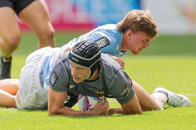 Deutschland - Argentinien, SVNS Rugby World Championship, WM, Weltmeisterschaft Versuch für Deutschland durch Maximilian Heid. Santino Zangara (Argentinien) kommt zu spät. Erstes Gruppenspiel zwischen Deutschland und Argentinien. Drittes Turnier der SVNS World Championship, Siebener-Rugby WM vom 5. bis 7. Juni 2026 in Bordeaux (Frankreich). Tag 1, Gruppenspiele am 5. Juni 2026., Bordeaux Region Nouvelle-Aquitaine Frankreich Stade Atlantique
