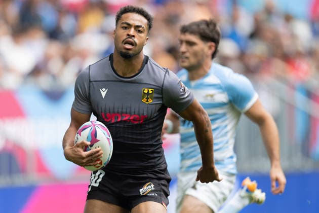 Deutschland - Argentinien, SVNS Rugby World Championship, WM, Weltmeisterschaft Dritter Versuch für Deutschland durch Makonnen Amekuedi. Erstes Gruppenspiel zwischen Deutschland und Argentinien. Drittes Turnier der SVNS World Championship, Siebener-Rugby WM vom 5. bis 7. Juni 2026 in Bordeaux (Frankreich). Tag 1, Gruppenspiele am 5. Juni 2026., Bordeaux Region Nouvelle-Aquitaine Frankreich Stade Atlantique