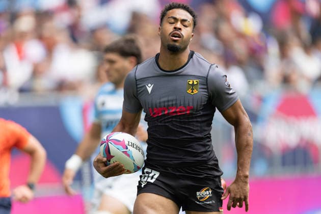 Deutschland - Argentinien, SVNS Rugby World Championship, WM, Weltmeisterschaft Dritter Versuch für Deutschland durch Makonnen Amekuedi. Erstes Gruppenspiel zwischen Deutschland und Argentinien. Drittes Turnier der SVNS World Championship, Siebener-Rugby WM vom 5. bis 7. Juni 2026 in Bordeaux (Frankreich). Tag 1, Gruppenspiele am 5. Juni 2026., Bordeaux Region Nouvelle-Aquitaine Frankreich Stade Atlantique
