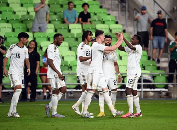 AUSTIN, TX - June 05: Saudi Arabia forward Abdullah Alhamddan is congratulated by team mates after scoring a goal during International Friendly, Länderspiel, Nationalmannschaft between Saudi Arabia and Puerto Rico on June 5, 2026 at Q2 Stadium in Austin, TX. (Photo by John Rivera Icon Sportswire) SOCCER: JUNE 05 International Friendly Saudi Arabia vs. Puerto Rico EDITORIAL USE ONLY Icon426260605020