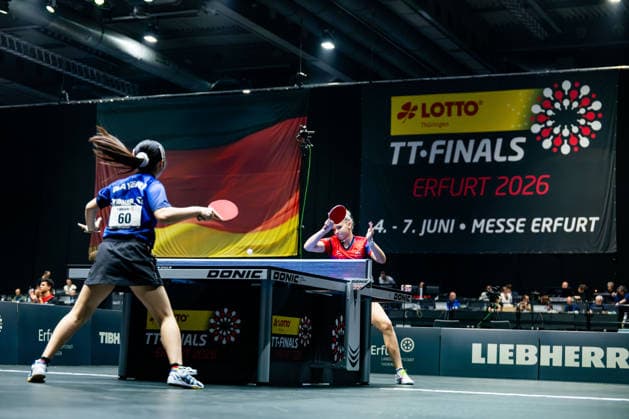 05.06.2026, GER, Tischtennis, Maenner Frauen Junioren, Saison 2026, 94. Deutsche Meisterschaft im Rahmen der Lotto Thüringen TT-Finals Erfurt 2026 Im Finale konnte sich Lorena Morsch gegen Koharu Itagaki durchsetzen und sich zur Deutschen Meisterin küren 99094 Erfurt Messe Messehalle Kongresshal Thüringen Deutschland