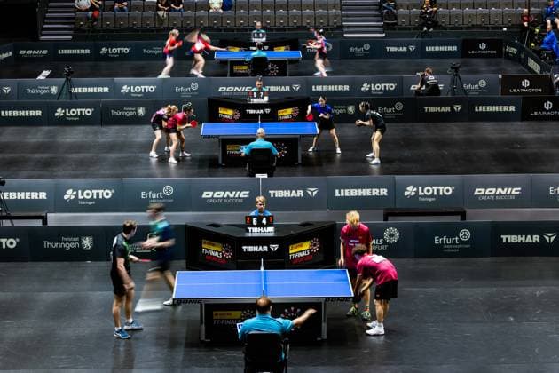 05.06.2026, GER, Tischtennis, Maenner Frauen Junioren, Saison 2026, 94. Deutsche Meisterschaft im Rahmen der Lotto Thüringen TT-Finals Erfurt 2026 Impression Feature zeigt die Halbfinalspiele der Doppelspiele U19 99094 Erfurt Messe Messehalle Kongresshal Thüringen Deutschland