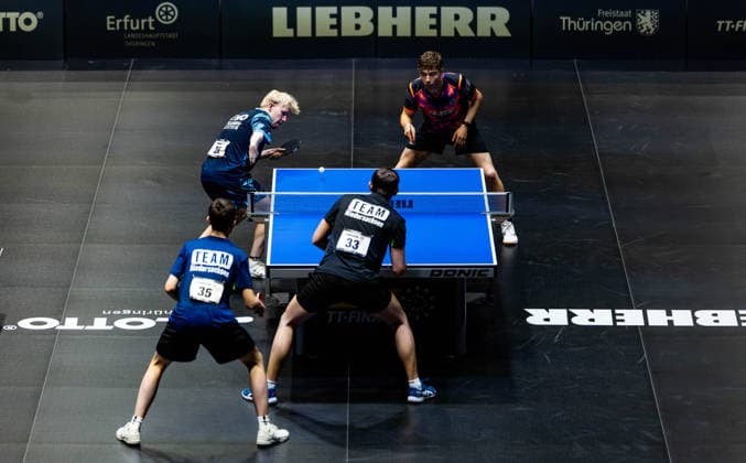 05.06.2026, GER, Tischtennis, Maenner Frauen Junioren, Saison 2026, 94. Deutsche Meisterschaft im Rahmen der Lotto Thüringen TT-Finals Erfurt 2026 zeigt die Spieler der U19 Doppel Finale Bastian Meyer Daniel Nagy - Jamal Oudriss Mio Lukas Wagner 99094 Erfurt Messe Messehalle Kongresshal Thüringen Deutschland