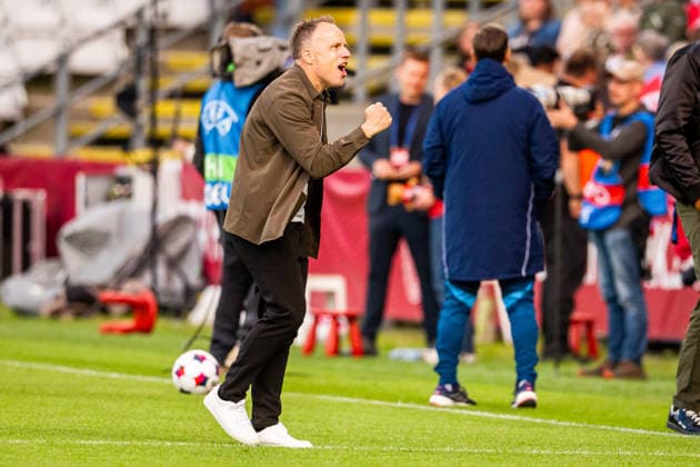Denmark v Sweden, Women™s World Cup Qualification, Odense, Denmark Odense, Denmark. 05th, June 2026. Head coach Jacob Michelsen of Denmark seen in celebration after the final whistle of the Women™s World Cup Qualifier match between Denmark and Sweden at Odense Stadion in Odense. Denmark, Odense  Copyright: xGonzalesxPhoto KentxRasmussenx