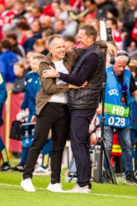 Denmark v Sweden, Women™s World Cup Qualification, Odense, Denmark Odense, Denmark. 05th, June 2026. Head coach Jacob Michelsen of Denmark seen in celebration with Peter Moller, director of football of DBU, after the final whistle of the Women™s World Cup Qualifier match between Denmark and Sweden at Odense Stadion in Odense. Denmark, Odense  Copyright: xGonzalesxPhoto KentxRasmussenx