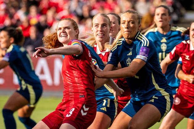 Denmark v Sweden, Women™s World Cup Qualification, Odense, Denmark Odense, Denmark. 05th, June 2026. Stine Ballisager (3) of Denmark and Smilla Holmberg (R) of Sweden seen during the Women™s World Cup Qualifier match between Denmark and Sweden at Odense Stadion in Odense. Denmark, Odense  Copyright: xGonzalesxPhoto KentxRasmussenx