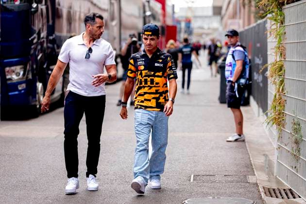 MONACO - Formula 1 driver Lando Norris of McLaren Mastercard Formula 1 Team with his security guard during the Formula 1 Monaco Grand Prix on the Monaco Street Circuit on June 6, 2026 in Monaco, Monaco. (Photo by DeFodi Images) -