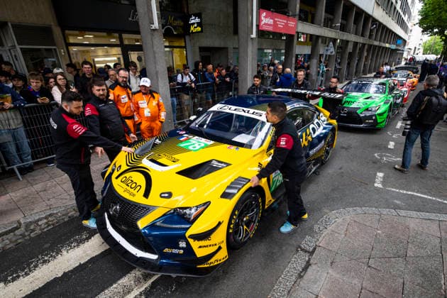 24 HEURES DU MANS 2026 - PESAGE 78 VAN ROMPUY Tom (bel), DAVID Hadrien (fra), HAWKSWORTH Jack (gbr), Akkodis ASP Team, Lexus RC F LMGT3 78, LM GT3, ambiance during Le Pesage of the 24 Hours of Le Mans 2026, 3rd round of the 2026 FIA World Endurance Championship, from June 5 to 6, 2026 on the Place de la RÃ publique in Le Mans, France - Le MansFrance Copyright: xJULIENxDELFOSSEx