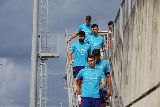 Croatia national team, Nationalteam training session in Rijeka, Croatia Josko Gvardiol, Josip Stanisic, Ante Budimir, Ivan Perisic and Duje Caleta Car during Croatia national team training session at the auxiliary pitches of the HNK Rijeka Training Centre in Rujevica, Rijeka, Croatia, 6 June 2026, as part of preparations for the FIFA World Cup, WM, Weltmeisterschaft, Fussball and an International Friendly, Länderspiel, Nationalmannschaft match against Slovenia.  GoranxKovacic PIXSELL