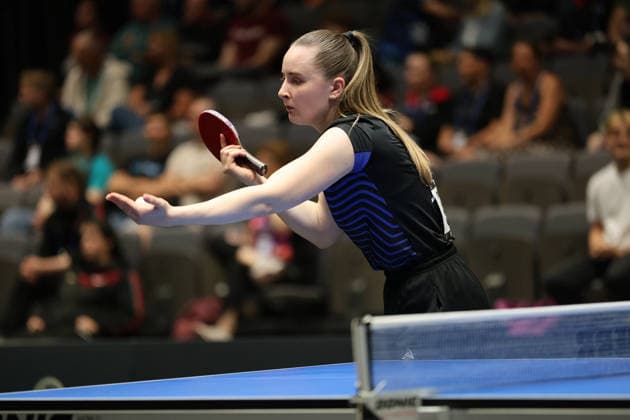 Sophia Klee beim. Aufschlag. GER Erfurt TT Finals 2026 Deutsche Meisterschaft, Tischtennis Messehalle Erfurt 06.06.2026. GER Erfurt TT Finals 2026 Deutsche Meisterschaft, Tischtennis Messehalle Erfurt 06.06.2026 Thueringen Deutsche Meiterschaft 06.06.2026 Erfurt Copyright: xEibner-Pressefoto JoergxHirschx EP_JHH