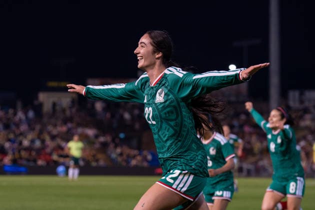 NEWCASTLE, AUSTRALIA - JUNE 06: Diana Ordonez of Mexico celebrates scoring her teams first goal during the International Friendly, Länderspiel, Nationalmannschaft match between Australia and Mexico at McDonald Jones Stadium on June 06, 2026 in Newcastle, Australia.  Copyright: xNoexLlamasx xSPPx Sportspressphoto_SPR161778