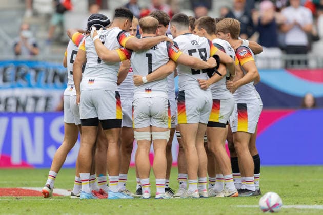 Deutschland-Frankreich, SVNS Rugby World Championship, WM, Weltmeisterschaft Team Deutschland im Mannschaftskreis vor dem Ankick. Drittes Gruppenspiel zwischen Deutschland und Frankreich. Drittes Turnier der SVNS World Championship, Siebener-Rugby WM vom 5. bis 7. Juni 2026 in Bordeaux (Frankreich). Tag 2, Gruppenspiele am 6. Juni 2026., Bordeaux Region Nouvelle-Aquitaine Frankreich Stade Atlantique
