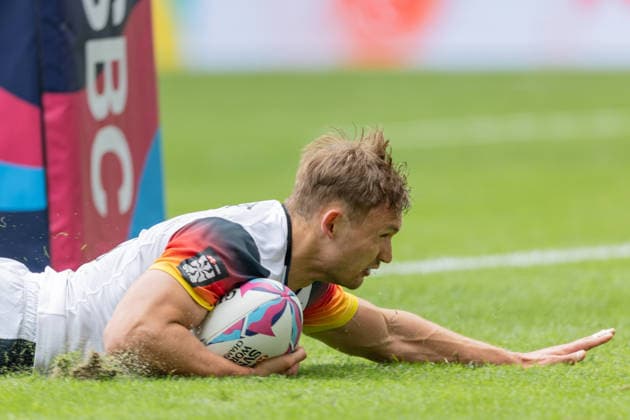 Deutschland-Frankreich, SVNS Rugby World Championship, WM, Weltmeisterschaft Versuch durch Philip Gleitze (Deutschland, 11). Drittes Gruppenspiel zwischen Deutschland und Frankreich. Drittes Turnier der SVNS World Championship, Siebener-Rugby WM vom 5. bis 7. Juni 2026 in Bordeaux (Frankreich). Tag 2, Gruppenspiele am 6. Juni 2026., Bordeaux Region Nouvelle-Aquitaine Frankreich Stade Atlantique