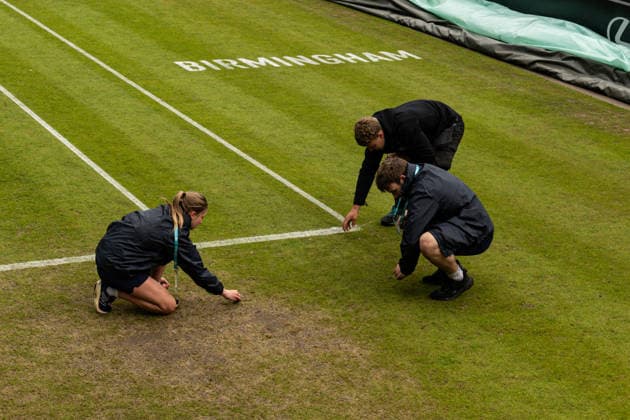 RECORD DATE NOT STATED 6th June 2026; The Edgbaston Priory Club, Birmingham, Midlands, England; 2026 Lexus Birmingham Open Tennis, Day Eight; Groundstaff at the Edgbaston Priory Club inspect the court after the overnight rain GodfreyxPitt