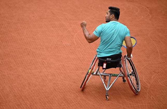 2026 French Open (Roland-Garros) PARIS, FRANCE - JUNE 06: Ahmet Kaplan of Turkiye in action against Niels Vink (not seen) of the Netherlands during the Quad Wheelchair Singles Final the 2026 French Open at Roland Garros on June 06, 2026 in Paris, France. Burak Akbulut Anadolu Paris France. Editorial use only. Please get in touch for any other usage.  Copyright: x2026xAnadoluxBurakxAkbulutx