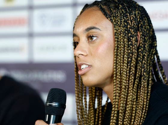 STOCKHOLM, SVERIGE 20260606 Alexis Brown, USA, under en pressträff pa Scandic Continental inför söndagens Diamond League-gala (Bauhaus-galan). STOCKHOLM SVERIGE x60160x