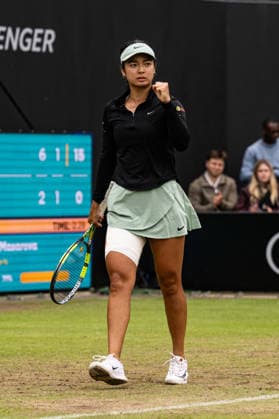 RECORD DATE NOT STATED 6th June 2026; The Edgbaston Priory Club, Birmingham, Midlands, England; 2026 Lexus Birmingham Open Tennis, Day Eight; Alexandra Eala (PHI) celebrates winning a game in her semi final match against Rebeka Masarova (SUI) GodfreyxPitt
