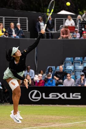 RECORD DATE NOT STATED 6th June 2026; The Edgbaston Priory Club, Birmingham, Midlands, England; 2026 Lexus Birmingham Open Tennis, Day Eight; Alexandra Eala (PHI) serves in her semi final match against Rebeka Masarova (SUI) GodfreyxPitt