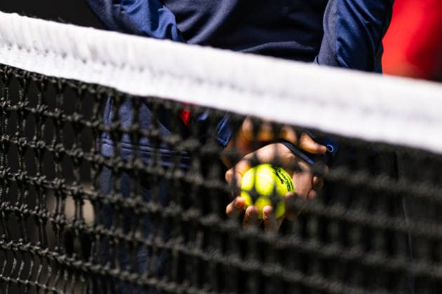 RECORD DATE NOT STATED 6th June 2026; The Edgbaston Priory Club, Birmingham, Midlands, England; 2026 Lexus Birmingham Open Tennis, Day Eight; A ballboy holds a ball, seen through the net GodfreyxPitt
