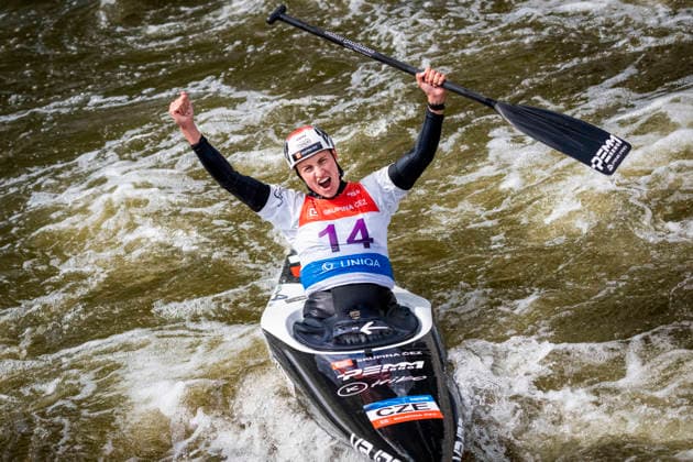 2026 ICF Canoe Slalom World Cup in Prague, Czech Republic, on June 6, 2026. Women s C1 finals. Martina Satkova from Czechia celebrates second place. (CTKxPhoto VitxSimanek) CTKPhotoP2026060603559  CTKPhotoP2026060603559