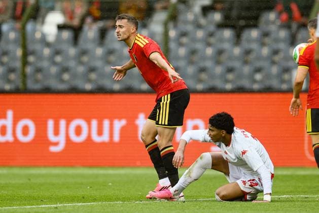 Belgium s Timothy Castagne reacts during a friendly soccer game between Belgian national team, Nationalteam Red Devils and Tunisia, Saturday 06 June 2026 in Brussels, part of the preparations for the 2026 FIFA World Cup, WM, Weltmeisterschaft, Fussball BRUNOxFAHY  x176299915x