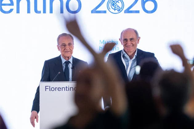 Real Madrid CF Elections 2026. Florentino Perez (l) with Jose Martinez Sanchez Pirri, during his closing campaign event of his candidacy for the presidency of Real Madrid CF. June 6, 2026. (ALTERPHOTOS Acero) MadridSpain  Copyright: xAcerox
