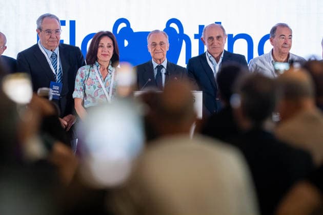 Real Madrid CF Elections 2026. Florentino Perez (c) with Gumersindo Santamaria Gil, Catalina Minarro Brugarolas, Jose Martinez Sanchez Pirri and Eduardo Fernandez de Blas during his closing campaign event of his candidacy for the presidency of Real Madrid CF. June 6, 2026. (ALTERPHOTOS Acero) MadridSpain  Copyright: xAcerox