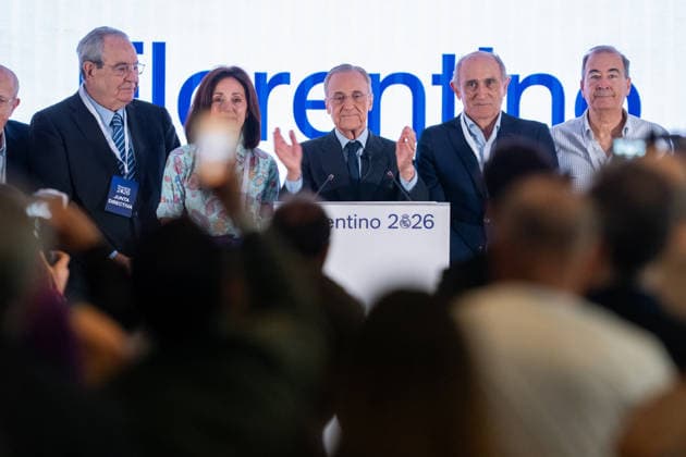 Real Madrid CF Elections 2026. Florentino Perez (c) with Gumersindo Santamaria Gil, Catalina Minarro Brugarolas, Jose Martinez Sanchez Pirri and Eduardo Fernandez de Blas during his closing campaign event of his candidacy for the presidency of Real Madrid CF. June 6, 2026. (ALTERPHOTOS Acero) MadridSpain  Copyright: xAcerox
