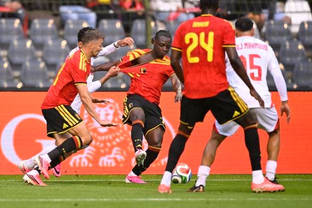 Belgium v Tunisia UEFA International Friendly, Länderspiel, Nationalmannschaft Game BRUSSELS, BELGIUM - JUNE 06 : Ayari Khalil midfielder of Tunisia and Doku Jeremy forward of Belgium during the pre-World Cup international friendly game match between Belgium and Tunisia in preparation of the FIFA 2026 World Cup Football Championship on June 6, 2026 in Brussels, Belgium, 06 06 2026 Brussels Belgium  Copyright: xTomasxSiskx