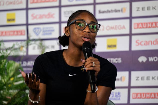 Melissa Jefferson-Wooden260606 during a press conference, PK, Pressekonferenz ahead of Diamond League on June 6, 2026 in Stockholm. Photo: Fredrik Karlsson BILDBYRAN COP 185 FK0458 friidrott athletics friidrett diamond league presskonferens press conference bbeng bauhausgalan Copyright: FREDRIKxKARLSSON BB260606FK019