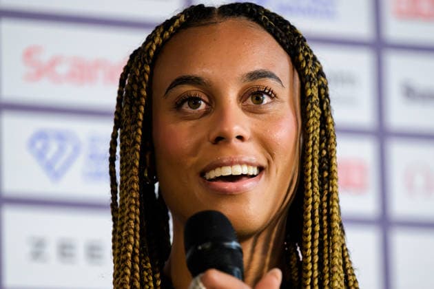 260606 Alexis Brown during a press conference, PK, Pressekonferenz ahead of Diamond League on June 6, 2026 in Stockholm. Photo: Fredrik Karlsson BILDBYRAN COP 185 FK0458 friidrott athletics friidrett diamond league presskonferens press conference bbeng bauhausgalan Copyright: FREDRIKxKARLSSON BB260606FK044