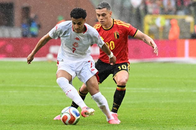 260606 Belgium vs Tunisia Elias Achouri (7) of Tunisia and Leandro Trossard (10) of Belgium pictured during friendly football game between the national teams of Belgium, called the red devils and Tunisia ahead of the FIFA World Cup, WM, Weltmeisterschaft, Fussball 2026 on June 6 , 2026 in Brussel, Belgium. (Photo by Jill Delsaux Isosport) Brussel Belgium  Copyright: xJillxDelsauxx DSC_6671