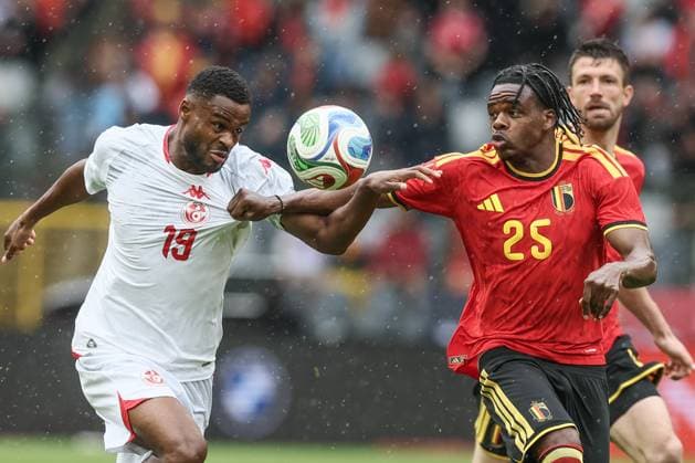 Tunisian Firas Chaouat and Belgium s Nathan Ngoy fight for the ball during a friendly soccer game between Belgian national team, Nationalteam Red Devils and Tunisia, Saturday 06 June 2026 in Brussels, part of the preparations for the 2026 FIFA World Cup, WM, Weltmeisterschaft, Fussball BRUNOxFAHY  x176303530x